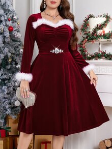 SHEIN Clasi Plus Size Women's Plush Patchwork Rhinestone Decor Casual Party Dress - Burgundy - View 1