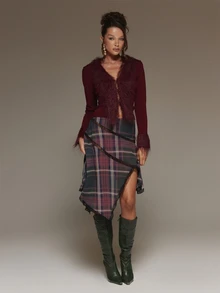MUSERA Áo cardigan cổ thấp viền lông xù màu đỏ cho mùa thu đông, đi chơi, hẹn hò, Giáng sinh và ngày lễ - Màu Đỏ Sâu - Xem 3