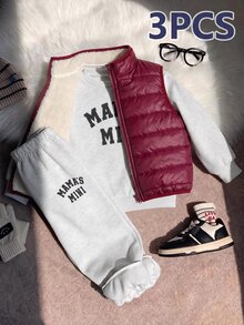 SHEIN 3件組男孩秋冬休閒圓領長袖套頭衛衣、長褲、厚抓絨背心，男孩秋冬套裝、外套套裝、運動套裝 - 彩色 - 查看 6