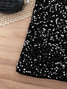 Young Girl Knitted Plush Sequin Casual Sleeveless Dress - Black - View 8