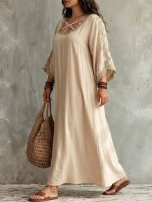 Linhara CURVE Elegant Plus Size Women's Gold Thread Embroidered Lace Patchwork Loose Flare Sleeve Party Date Holiday Dress - Champagne - View 5