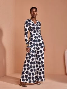 JIAN LASALA Knit Long Sleeve Overlapped V Neckline Jumpsuit Vacation Casual Holiday - Multicolor - View 3