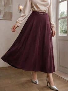 Solavon Plus High Waist Chain Detail Skirt - Burgundy - View 7