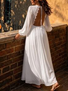 Cévolie Contrast Lace Tie Backless Lantern Sleeve Dress - White - View 1