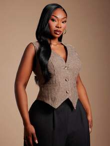 Radiana Plus Button Front Vest Blazer Without Blouse - Brown - View 6