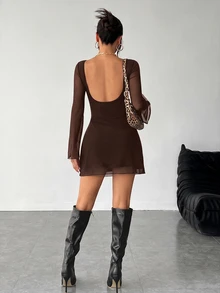 SHEIN PETITE 女款黑色新款性感露背長喇叭袖網紗洋裝，早秋陽光裙，適合嬌小女性夜晚外出約會穿著 - 巧克力棕 - 查看 3