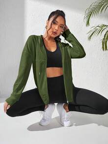 Eassivo Eassivo Drop Shoulder Zip Up Hooded Sports Jacket - Army Green - View 7