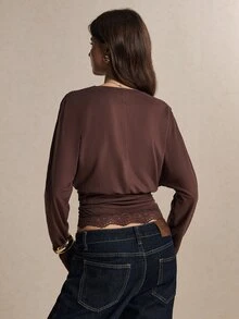Poéselle Chocolate-Brown T-Shirt With Lace Inserts And Batwing Sleeves-An Elegant French-Inspired Look.Fall Tops,Fall Clothes For Women - Coffee Brown - View 2