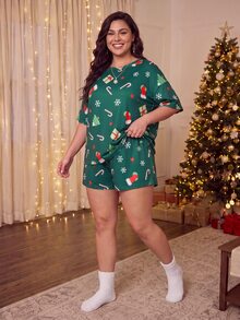 SHEIN Essnce 女款大尺碼綠色短袖兩件套－時尚休閒、寬鬆彈性舒適－秋冬聖誕印花聖誕套裝 - 綠色 - 查看 4