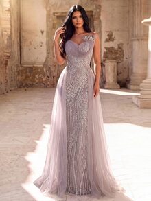 Elovaire Gaun Malam Formal Elegan untuk Tamu Pernikahan dengan Hiasan Mutiara dan Motif Sisik Ikan Berwarna Ungu Muda. - Mauve Purple - View 3