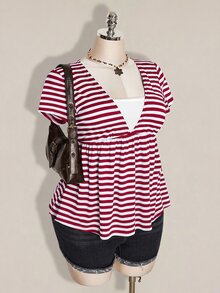 SHEIN ICON 女款大尺碼復古性感千禧風Y2K簡約休閒日常通勤街頭風黑灰條紋深V領二合一上衣 - 紅色 - 查看 6