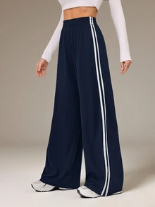SHEIN Tall 極簡時尚灰色側條紋休閒長褲，日常休閒風格 - 藏蓝色 - 查看 4