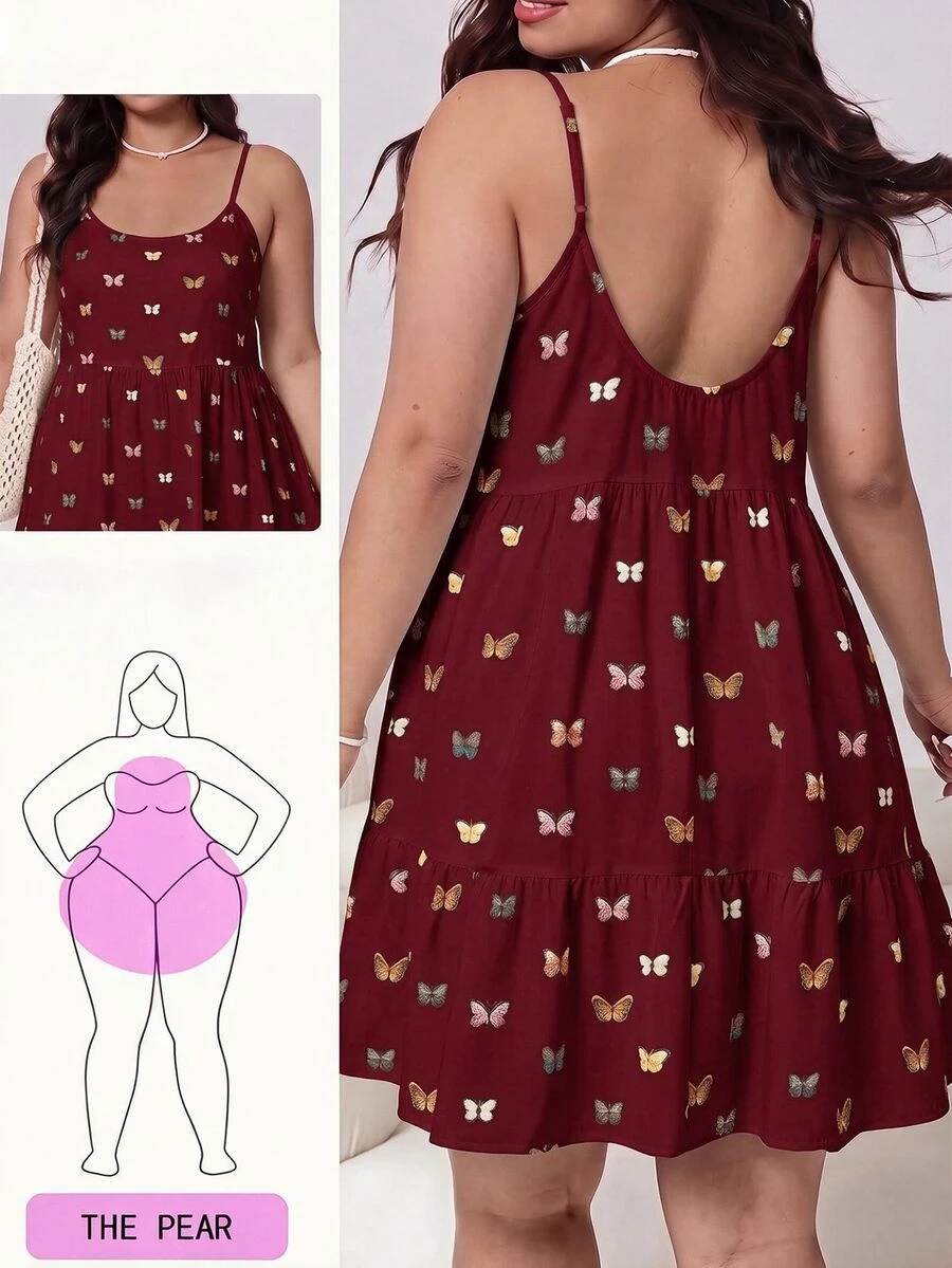 SHEIN EZwear 大尺碼女款全印花百褶休閒仙女風波希米亞哥德風日常夏季細肩帶洋裝,棕色,適合海灘度假 - 酒紅色 - 查看 1