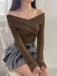 DAZY 純色露肩交叉包領長袖女款上衣，學院風休閒外出上衣，秋季女裝 - 摩卡棕 - 查看 5