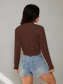 SHEIN PETITE 女款素色休閒百搭日常外出長袖開襟衫 - 咖啡棕 - 查看 2