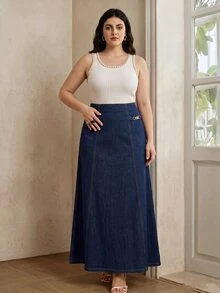 Anewsta Plus Women's New Casual Fashion Vacation Spring/Summer White Plus Size Skirt - Navy Blue - View 7