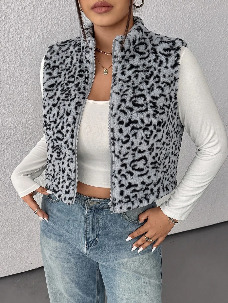 SHEIN EZwear 大尺碼牛紋短版夾克,秋冬牛仔女裝背心 牛紋背心 西部風背心 人造毛背心 - 深灰色 - 查看 1