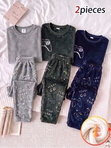 2pcs/Set Boys Fashion New Solid Color Crew Neck Long Sleeve Top With Game Pattern Element Full Print UV Shines Glowing Long Pants Double-Sided Flannel Fuzzy Pattern Print Loungewear Pajamas - Multicolor - View 6