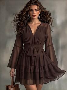 Linhara CURVE Plus-Size Women's V-Neck Chiffon Dark Brown Mini Dress, Flared Long Sleeves With Built-In Tie Belt, Multi-Layered Ruffled Hem, Elegant Party Dress And - Brown - View 3