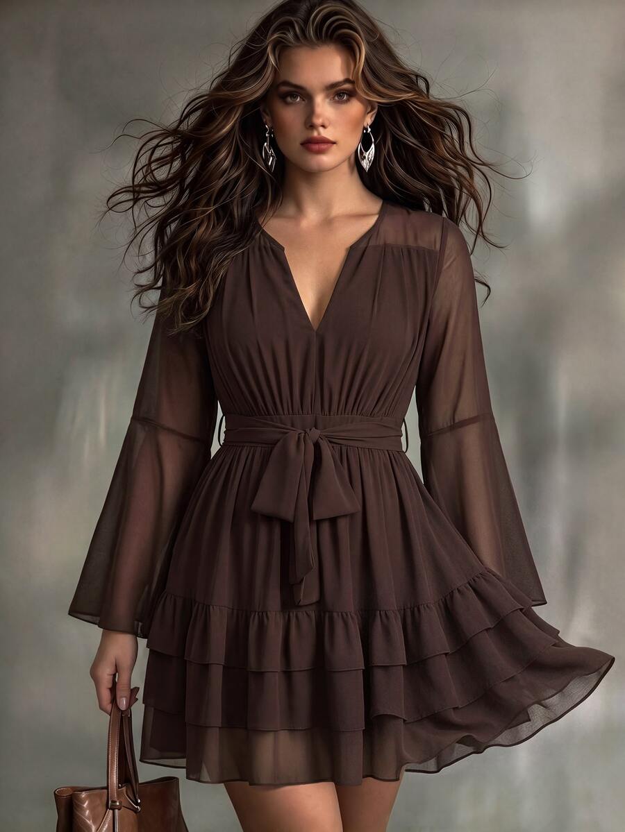 Linhara CURVE Plus-Size Women's V-Neck Chiffon Dark Brown Mini Dress, Flared Long Sleeves With Built-In Tie Belt, Multi-Layered Ruffled Hem, Elegant Party Dress And - Brown - View 1