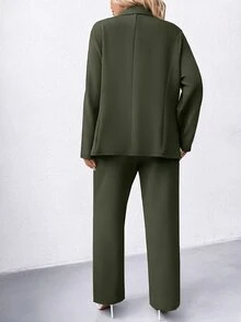 Elenzga 大尺碼純色正式西裝外套與長褲套裝 - 軍綠色 - 查看 2