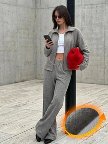 DAZY Women's Solid Color Zip-Up Hoodie And Pants Pajama Set - Grey - View 4