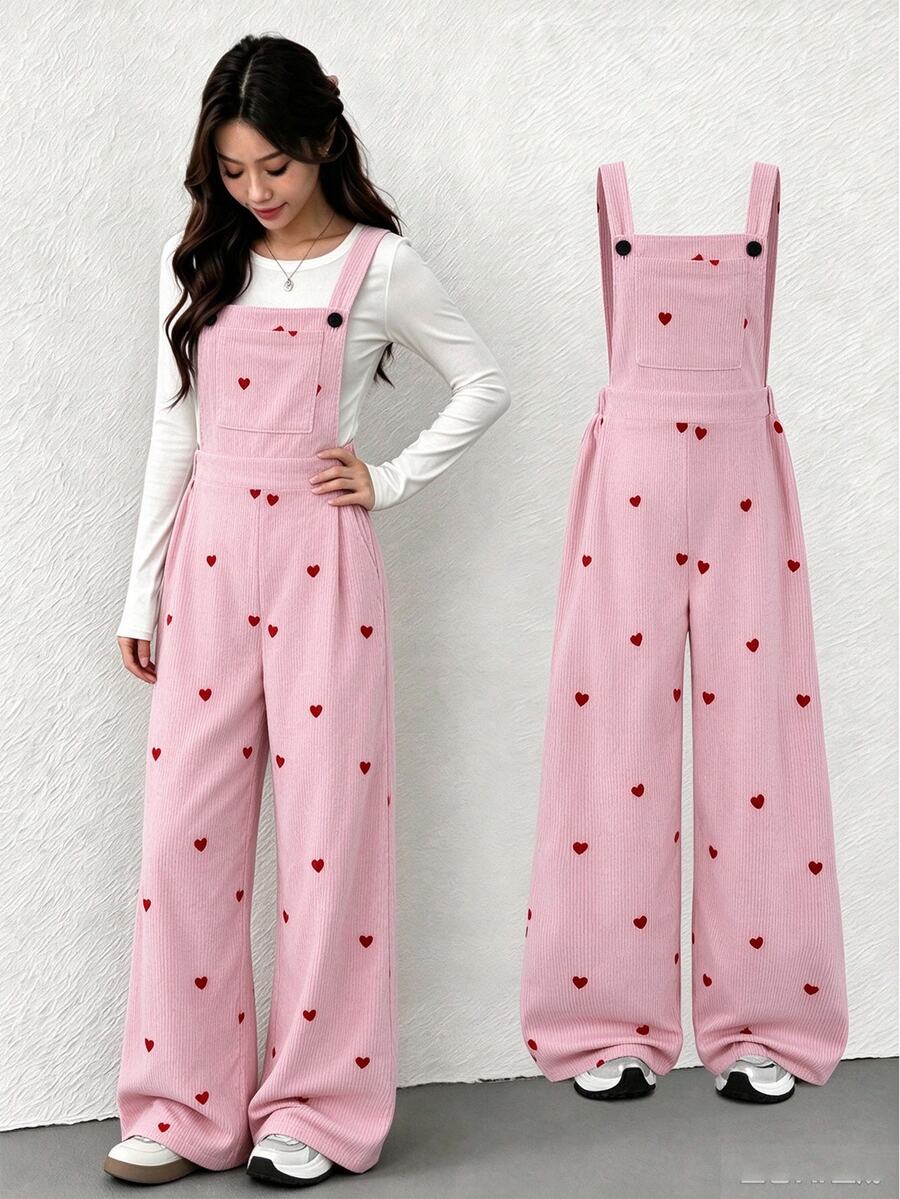 SHEIN Pakaian Musim Gugur/Musim Dingin Bahan Fleece untuk Anak Perempuan, Bahan Korduroi Bergaris, Gesper yang Dapat Diatur, Pinggang Elastis, Model Jumper - Berwarna merah muda - View 1