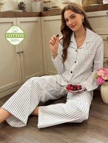 Snug Reverie Minimalist Striped Lapel 100% Cotton Long Sleeve Pajama Set For Women, Comfortable Loungewear For Autumn - White - View 3