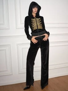 CHAOSSORY CHAOSSORY Napoleon Y2K Women's 2 Pieces Velvet Hoodie And Sweatpants Set - Black - View 1
