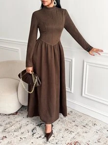 Veilorie Women's Pleated Casual Party Long Dress - Brown - View 4