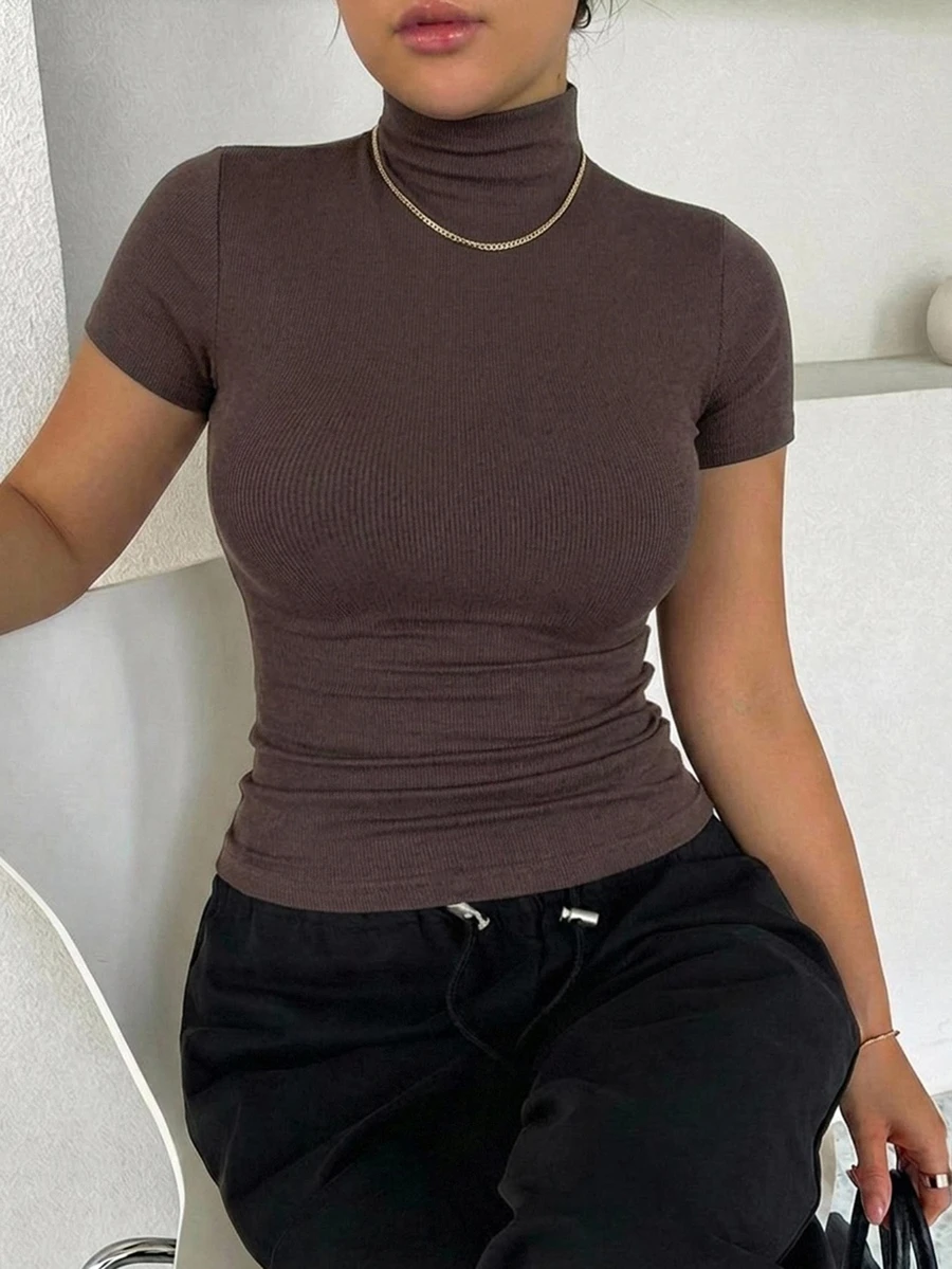 Dazy Plus Elastic Fitted Knit Casual High Neck Base Layer Short Sleeve Black Spring Summer Autumn Pullover T-Shirt - Brown - View 1