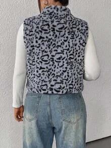 SHEIN EZwear 大尺碼牛紋短版夾克，秋冬牛仔女裝背心 牛紋背心 西部風背心 人造毛背心 - 深灰色 - 查看 2