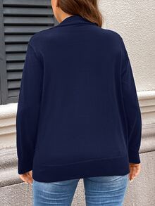 SHEIN LUNE كارديجان مقاس كبير بلون موحد بجيوب مزدوجة للربيع والخريف والشتاء - أزرق غامق - مشاهدة 2