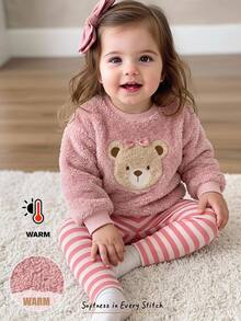 Cozy Pixies Baby Girl Casual Comfortable Daily Versatile Bear Pattern Pink Sweatshirt And Striped Long Pants Set - Pink - View 1