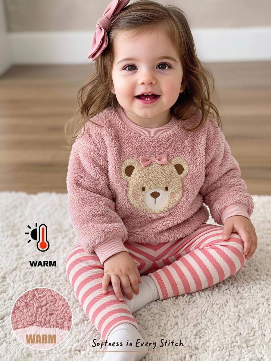 Cozy Pixies Baby Girl Casual Comfortable Daily Versatile Bear Pattern Pink Sweatshirt And Striped Long Pants Set - Pink - View 1