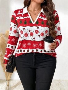 SHEIN LUNE Plus Size Women's Casual V-Neck Solid Color Ribbed Long Sleeve Loose T-Shirt, Multiple Colors Available, Spring/Autumn Fall - Multicolor - View 4