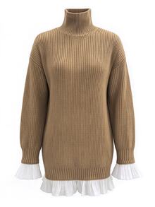 SHEIN Women's Fall/ Patchwork Ruffle Hem Long Sleeve Knit Dress Brunch Camel Casual - Camel - View 5