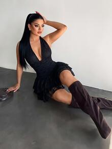 SHEIN SXY 女款純色V領百褶性感約會派對夜店外訪迷你洋裝，黑色，適合萬聖節與夏季 - 黑色 - 查看 5