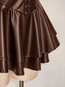 SHEIN ICON 大尺碼女款黑色PU皮革迷你掛脖洋裝，秋季哥德風性感Y2K綁帶束腰裙，夜店狂歡派對節慶穿搭，演唱會服飾 - 棕色 - 查看 7