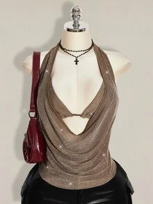 SHEIN ICON 大尺碼女款 2 件組夏季外穿亮片露背背心與細肩帶上衣，適合海灘、夏威夷派對、返校日、演唱會與夜店 - 卡其色 - 查看 4