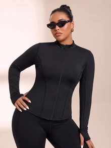 Rhythm Era Plus Size Yoga Long Sleeve Top With Mesh Back, Slimming Running Fitness Jacket, High Elasticity Flattering Yoga Workout Top - Black - View 2