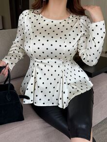 Dazy Plus Early Autumn New Korean Style Polka Dot Cinched Cinched Waist Pleated Long Sleeve Blouse - Apricot - View 10