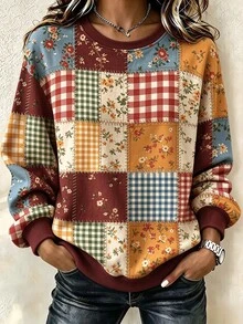 Bytebia Bytebia 女款拼接花卉格紋印花運動衫，圓領長袖套頭上衣，休閒復古鄉村風，適合秋冬日常戶外穿著 - 彩色 - 查看 4