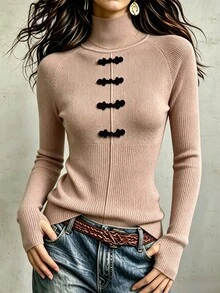SHEIN 秋冬時尚新款中式拿破崙套頭毛衣 - 卡其色 - 查看 4
