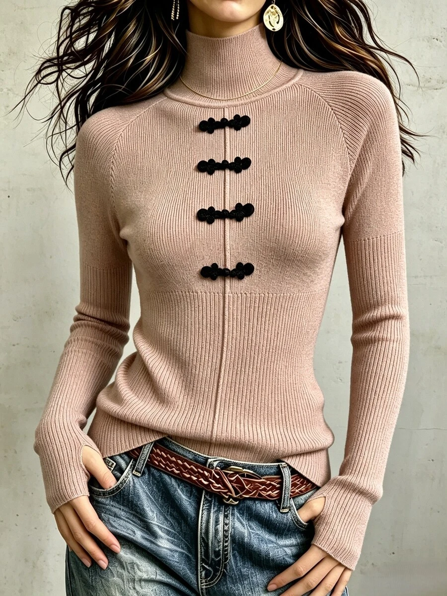 SHEIN Autumn/Winter Fashion New Chinese Style Napoleon Pullover Sweater