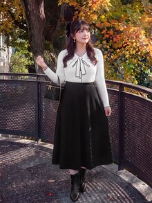 Bijouette Plus Size DressesPlus Size Contrast Binding V Neck Bowknot Front Flap Detail 2 In 1 Dress,Daily Commute,French Elegant,Ladylike,Office Lady Fall - Black - View 4