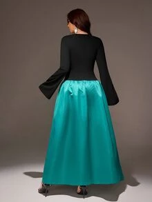 Viva Relle Plus Size Women's Colorblock Pleated Casual Elegant Party Evening Summer Dress Fall New Year Teal - Multicolor - View 6
