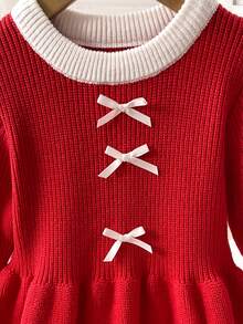 SHEIN 少女紅色針織套頭收腰洋裝，蝴蝶結設計，適合秋冬、假日派對、聖誕節 - 紅色 - 查看 2