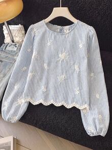 SHEIN Tween Girl Striped Floral Embroidered Pattern Casual Daily Long Sleeve Shirt - Blue and White - View 7