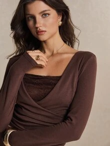 Poéselle Women's Brown Lace Insert Ruched Wrap Going Out Top, Long Sleeve Slim Fit Cotton Blend Shirt For Fall Layering, Date Night, Thanksgiving & Holiday Par - Brown - View 4